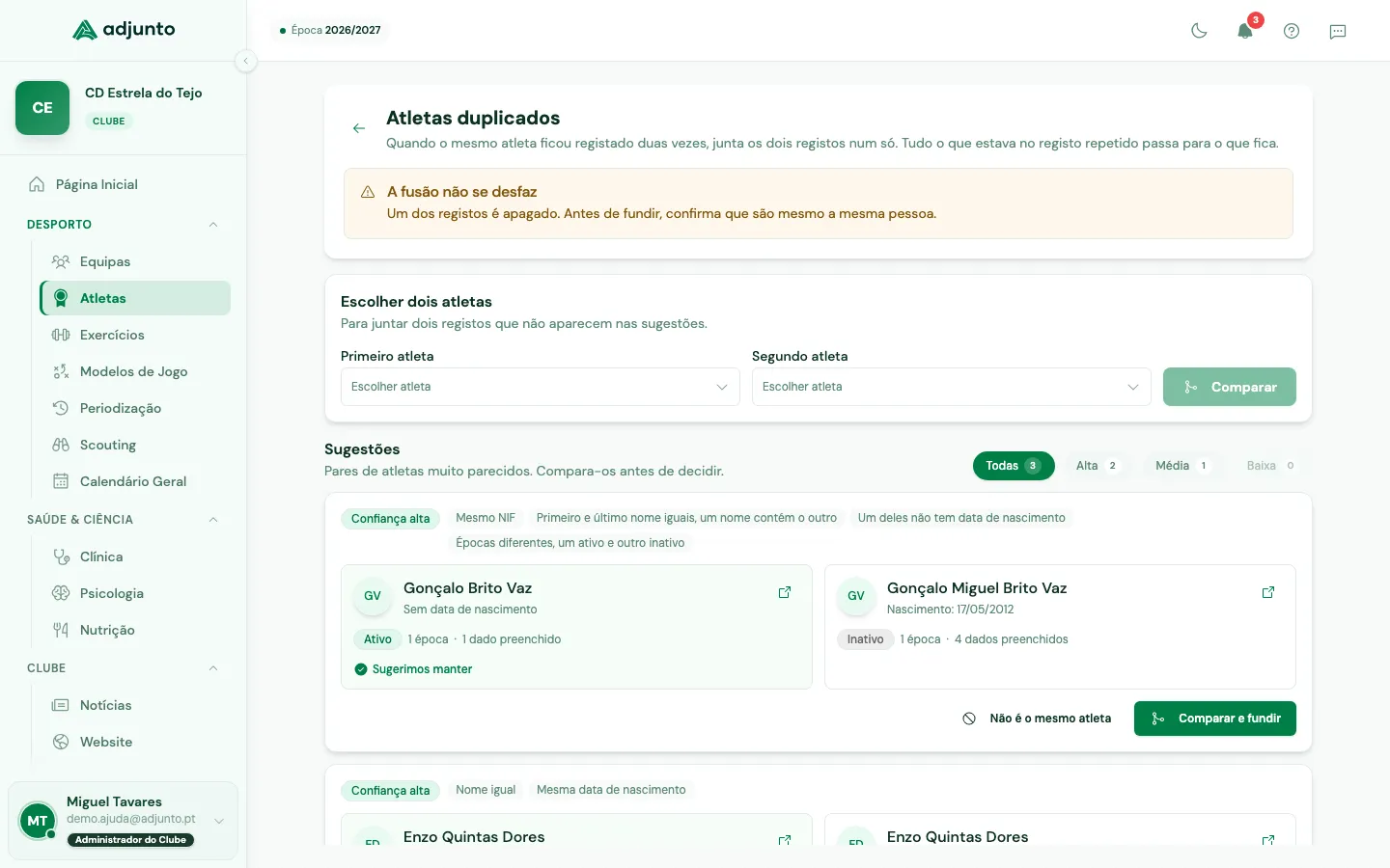 Página Atletas duplicados com as sugestões, a confiança e os motivos