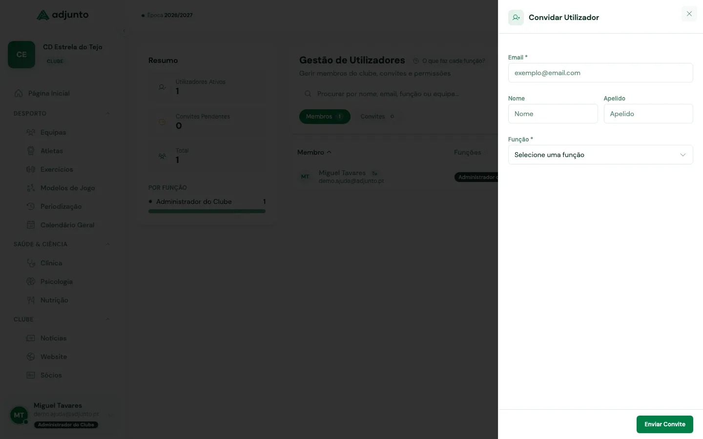 Painel Convidar Utilizador, com email, nome e função