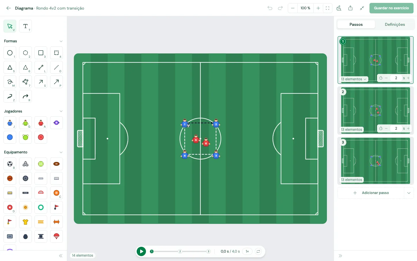 Editor de desenho com um rondo 4v2 e três passos