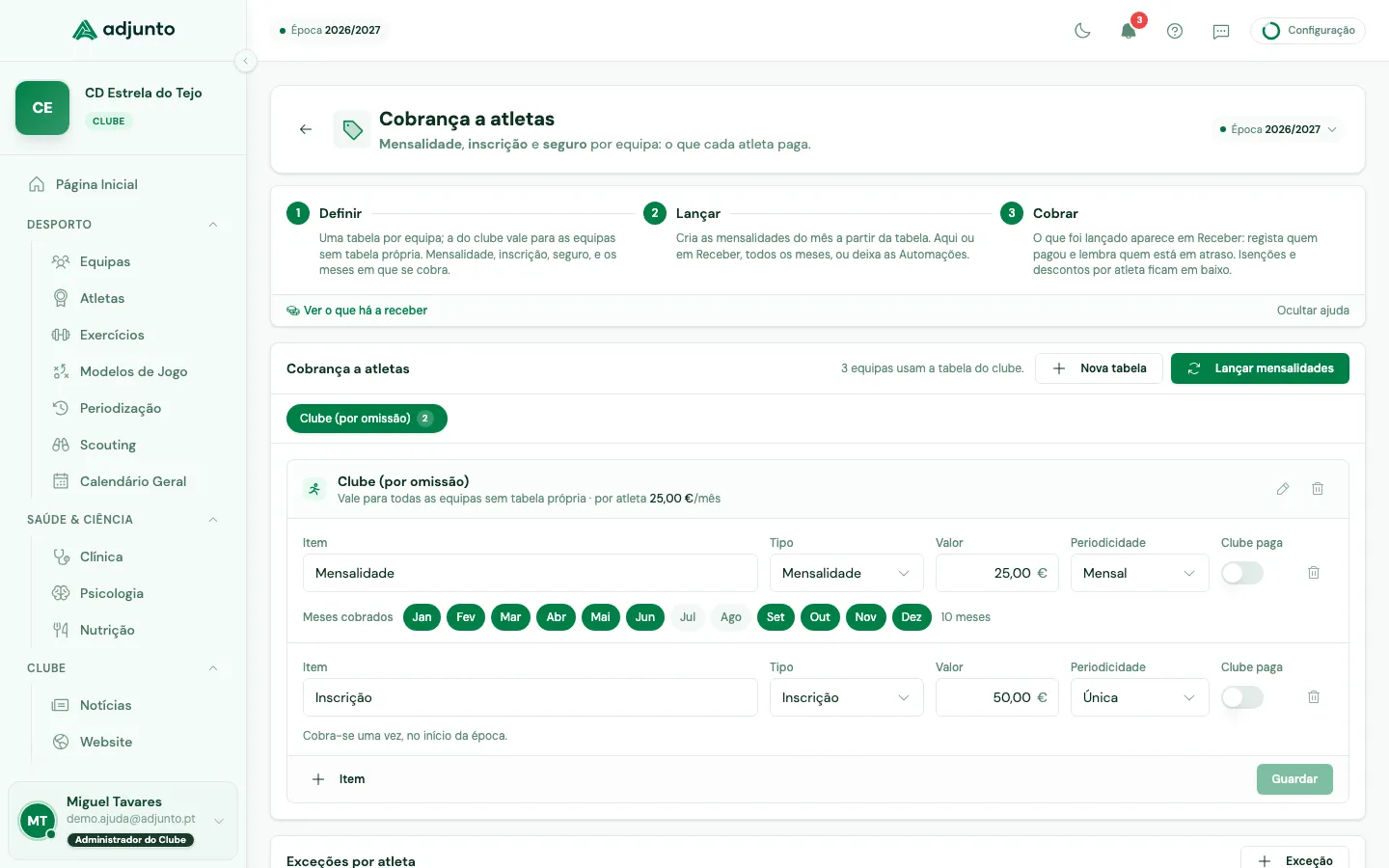 Tabela de preços do clube, com os itens e os meses em que se cobram