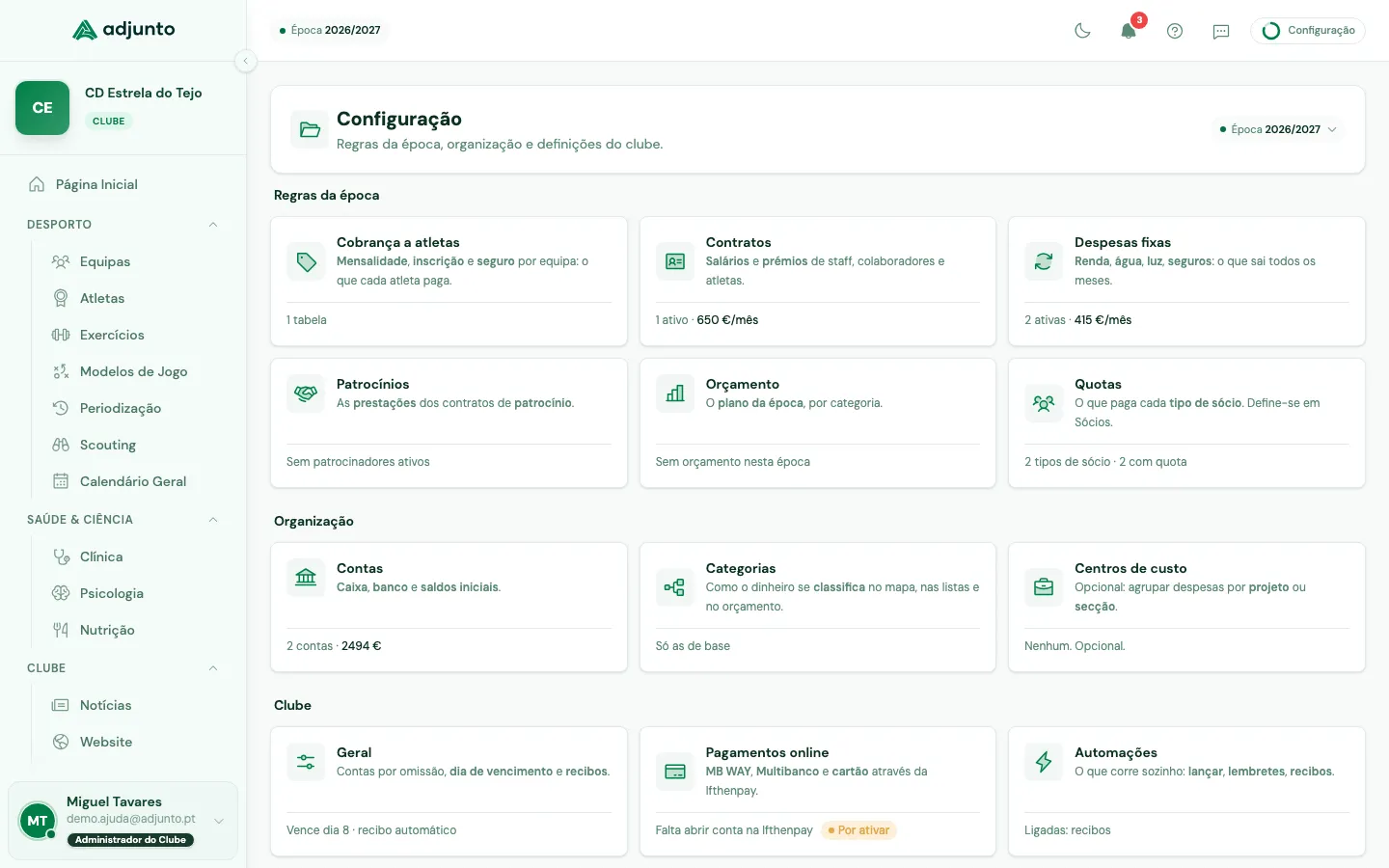 O painel de Configuração: um cartão por área, cada um com o estado atual