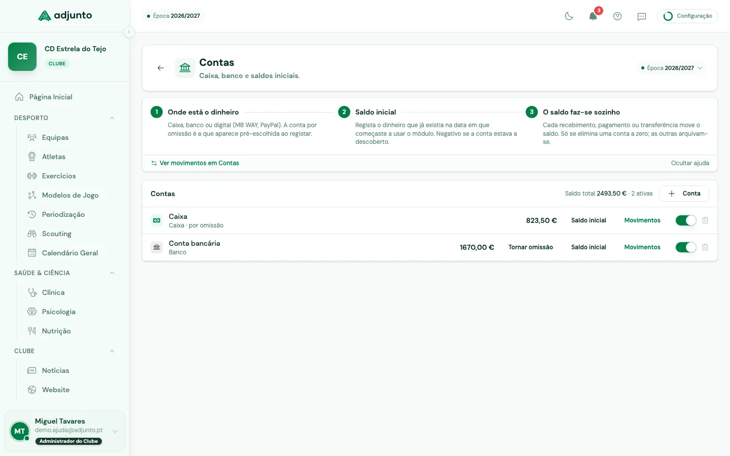 As contas do clube em Configuração, com o tipo e o saldo