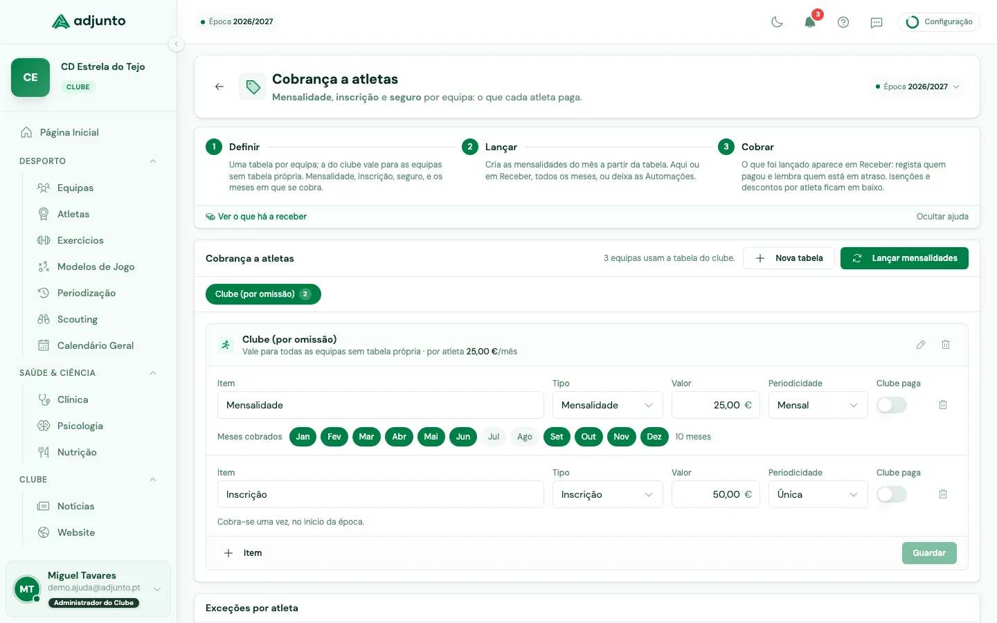 Exceções por atleta: isenções, descontos e valores fixos, cada um com o motivo
