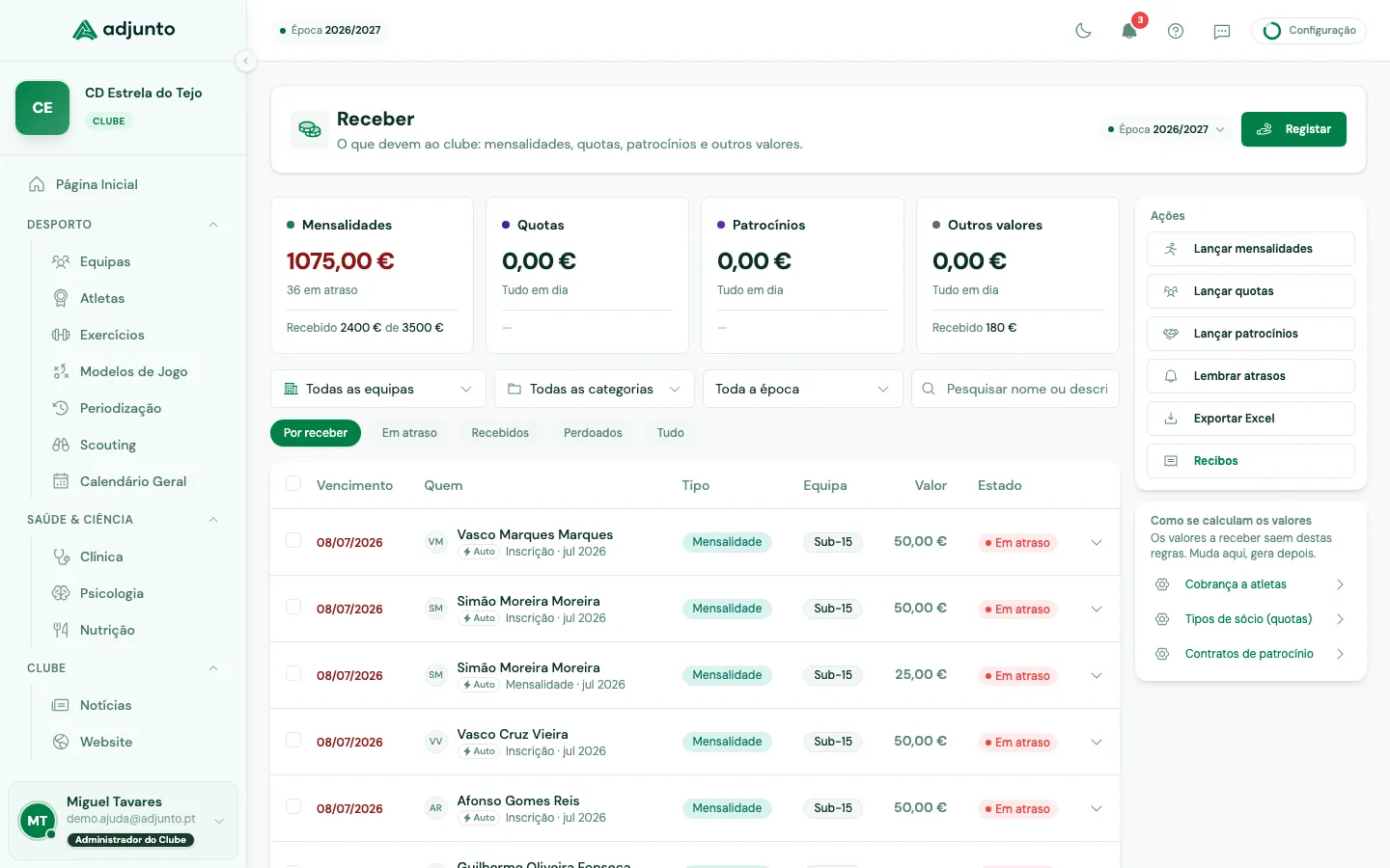 A lista Receber: cartões por tipo, filtros e os valores com o seu estado