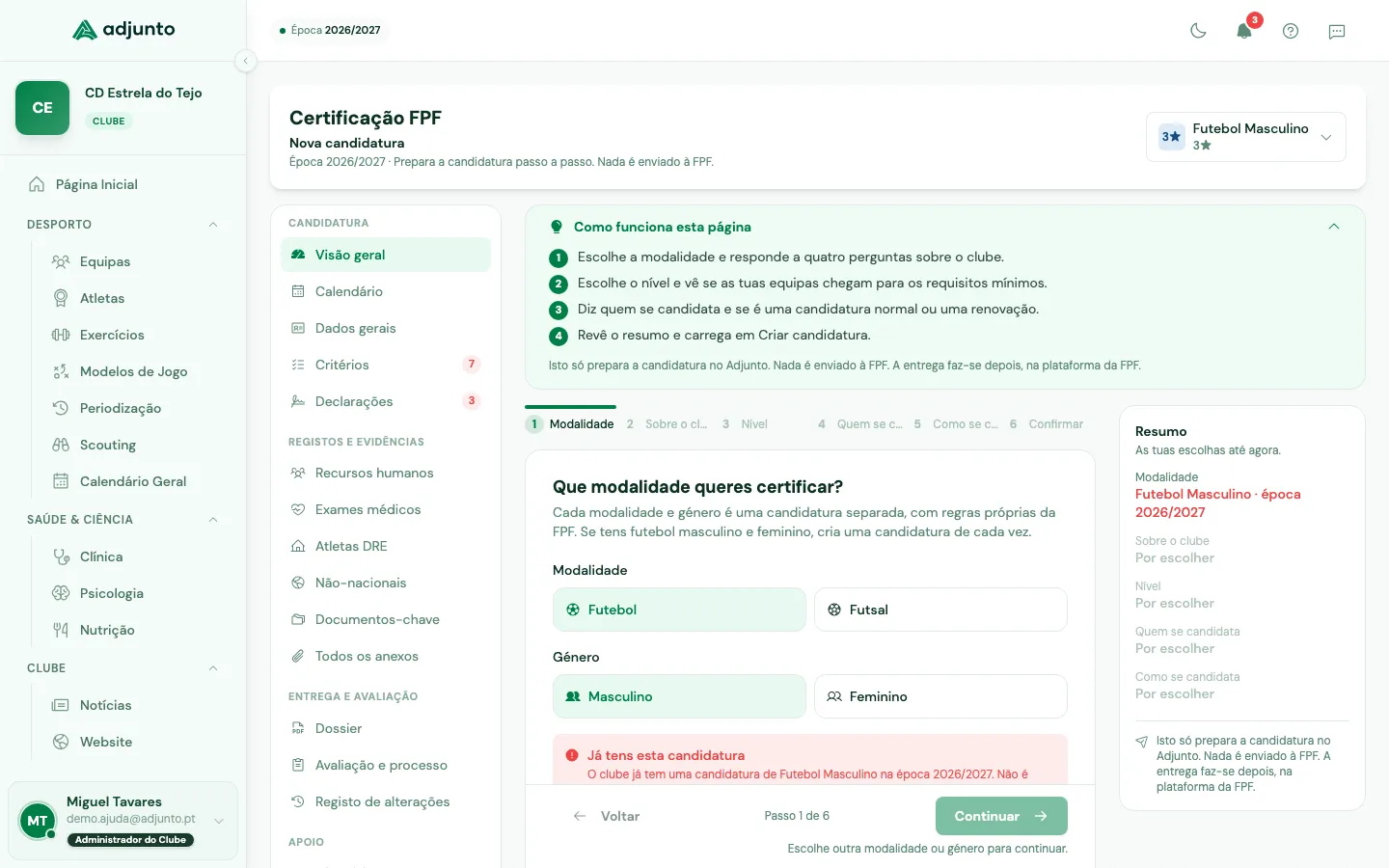 Assistente de nova candidatura no passo da modalidade, com o resumo das escolhas ao lado
