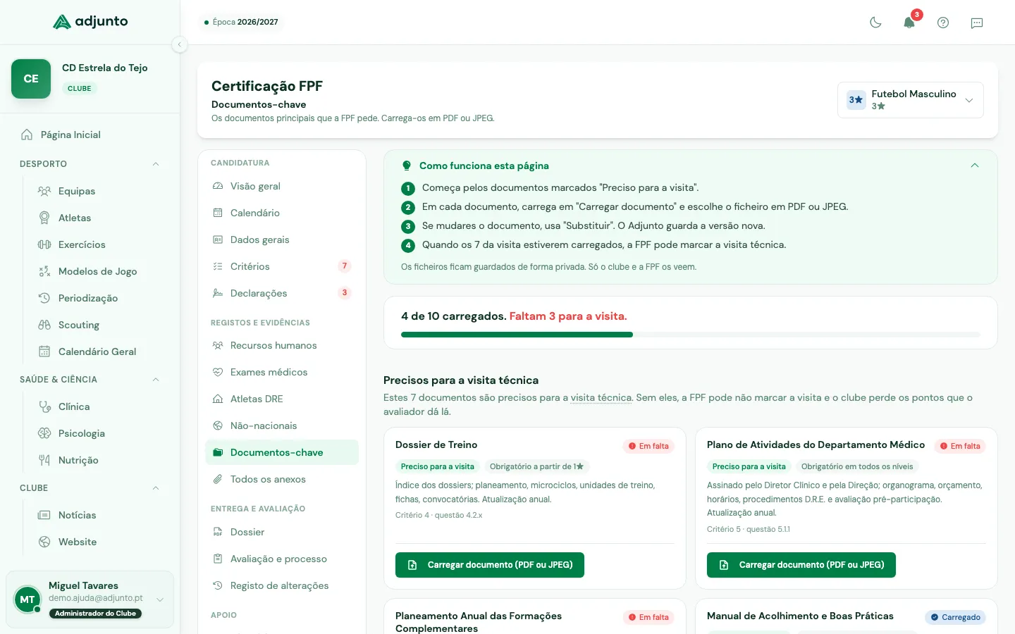 Documentos-chave com os documentos precisos para a visita técnica e o estado de cada um