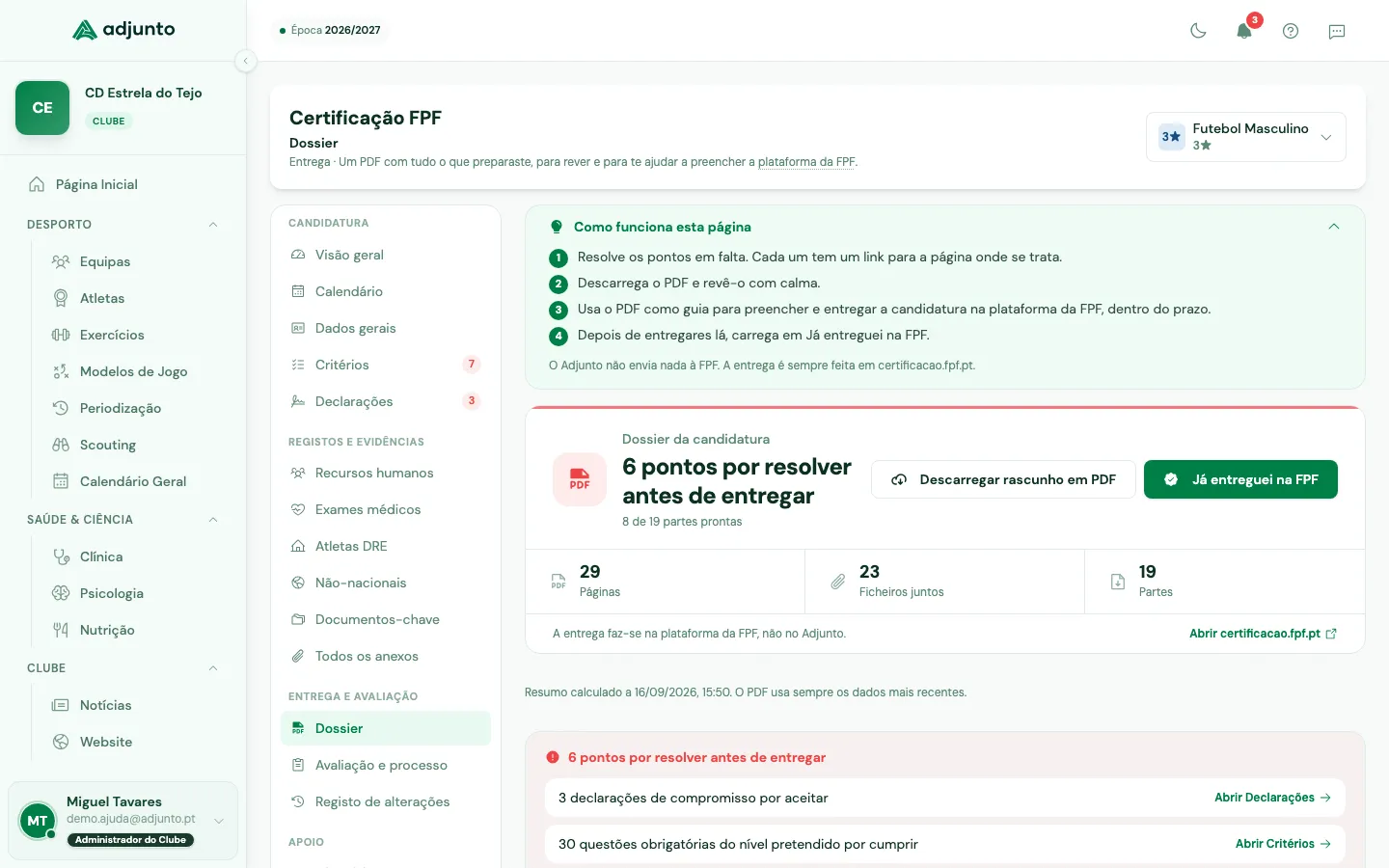 Dossier com os pontos por resolver antes de entregar e o botão para descarregar o PDF