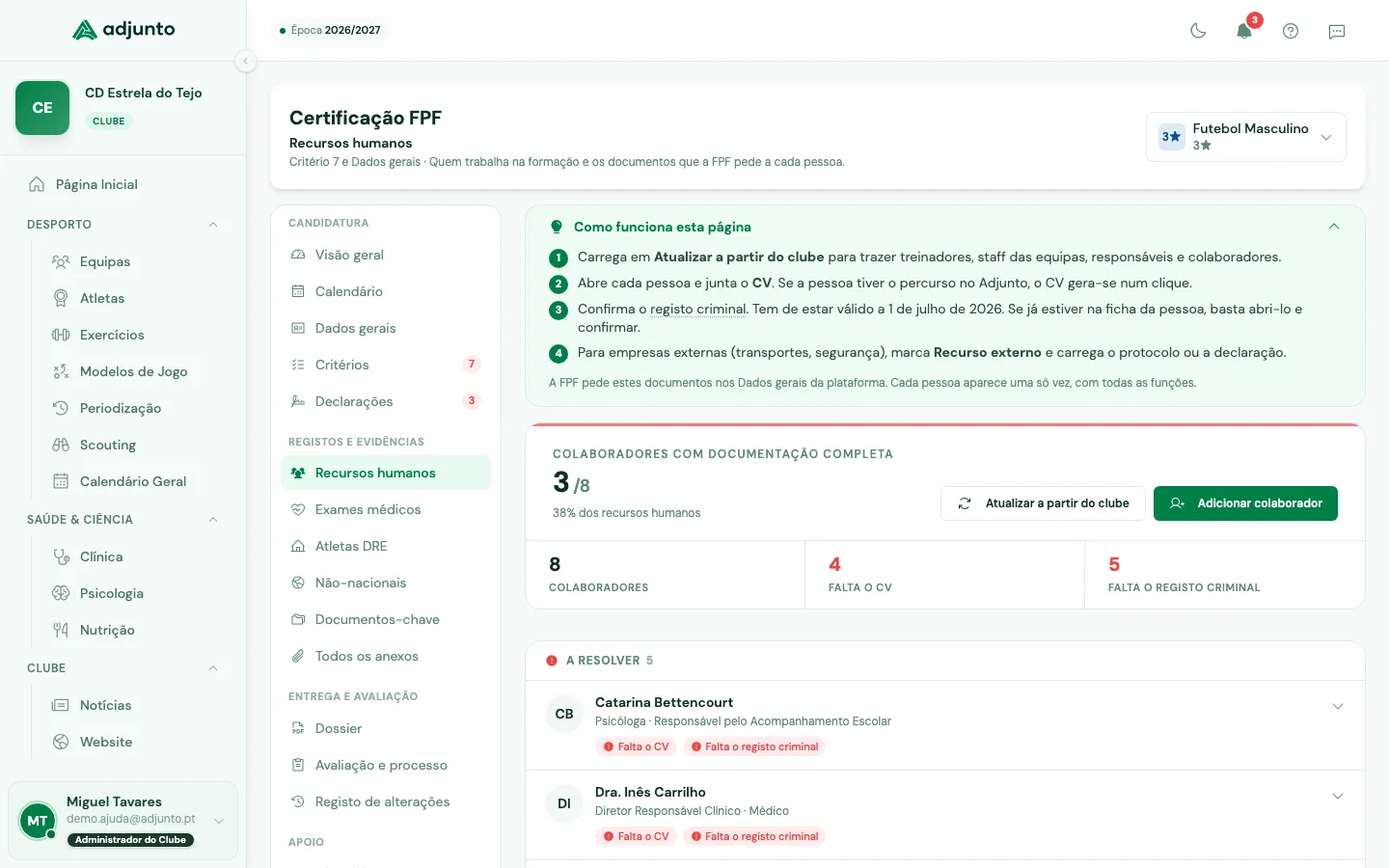 Recursos humanos com o resumo da documentação e as pessoas por resolver