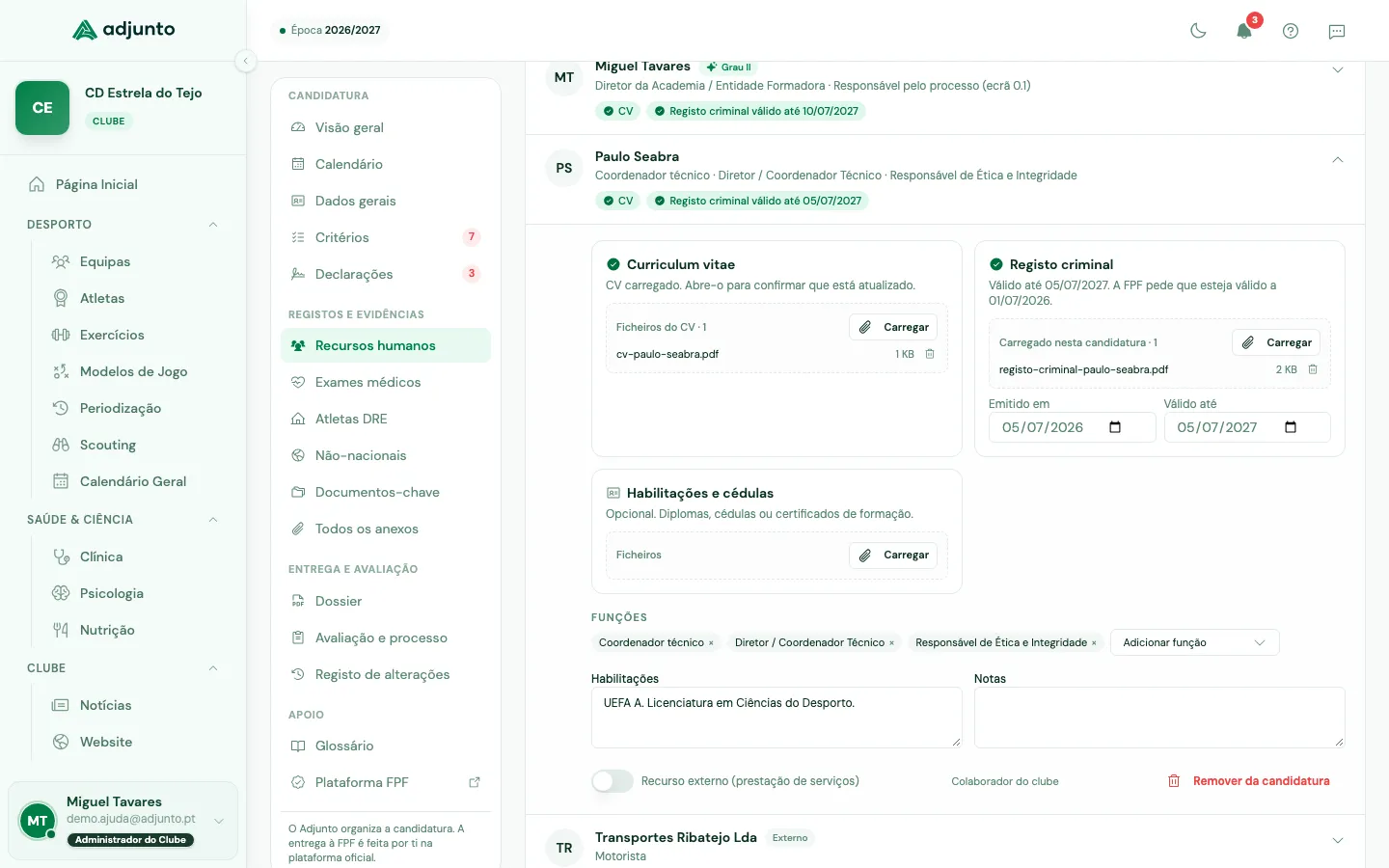 Ficha de um colaborador com o CV carregado, o registo criminal e as datas de emissão e validade