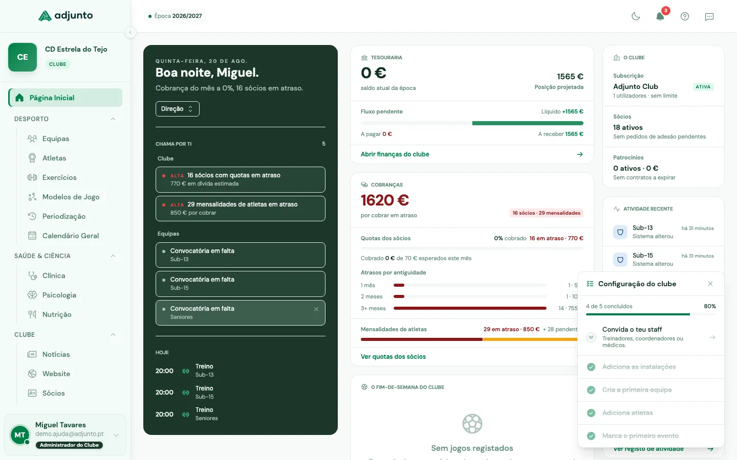 Dashboard do Adjunto com o guia de configuração aberto no canto inferior direito