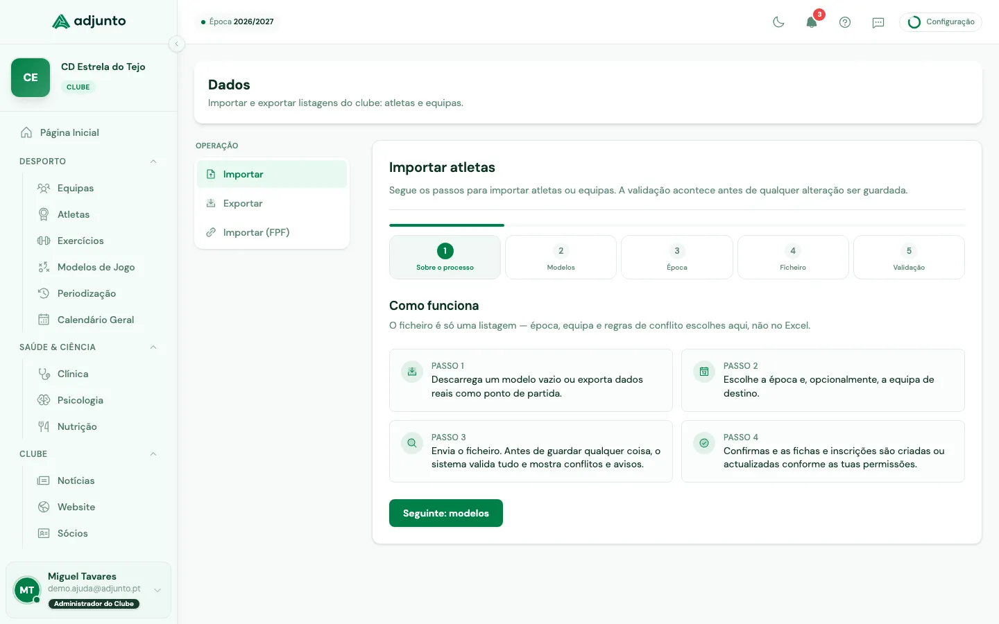 Assistente de importação de dados com os passos do processo