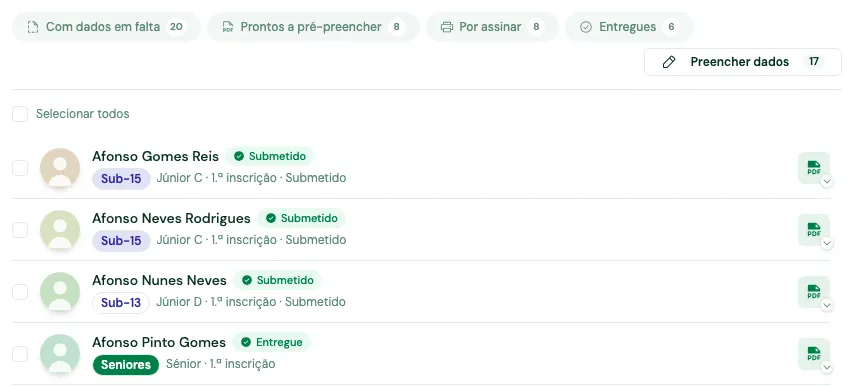 Pastilhas de estado dos boletins com as contagens, e linhas de atletas com os selos Submetido e Entregue