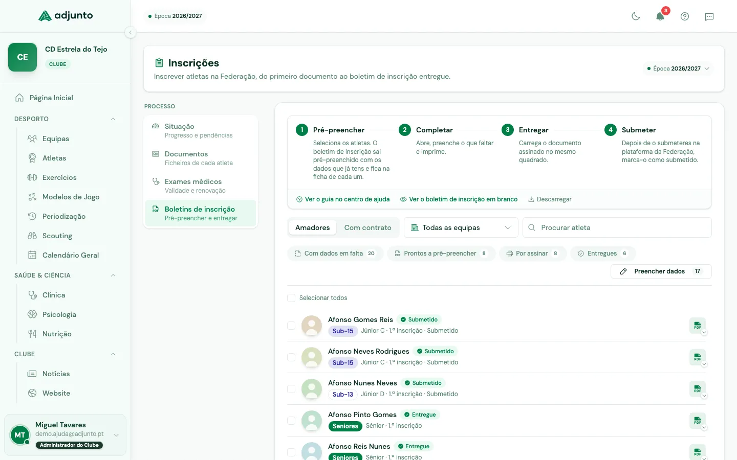 Separador dos boletins de inscrição, com os quatro passos do processo em cima e a lista de atletas por baixo