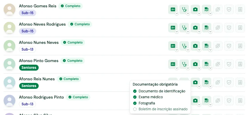 Linhas de atletas com o selo Completo, os sete quadrados de documentos e a lista da documentação obrigatória aberta