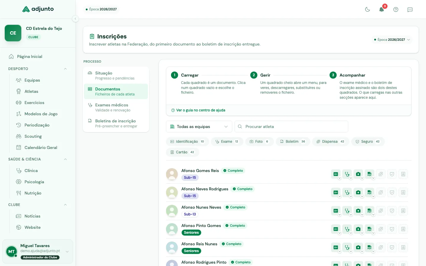 Lista de atletas com os sete quadrados de documentos em cada linha