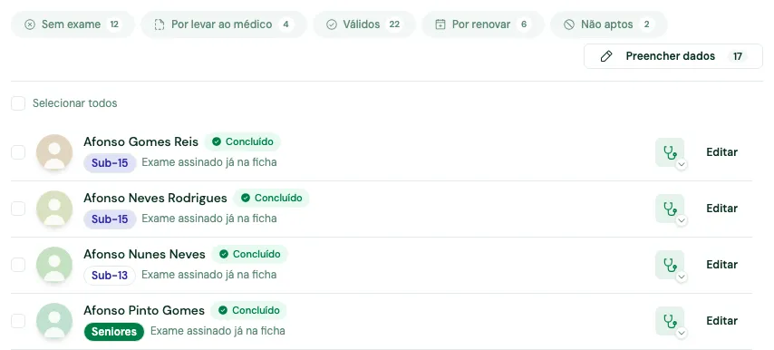 Lista de exames médicos com as pastilhas de estado e o selo de cada atleta