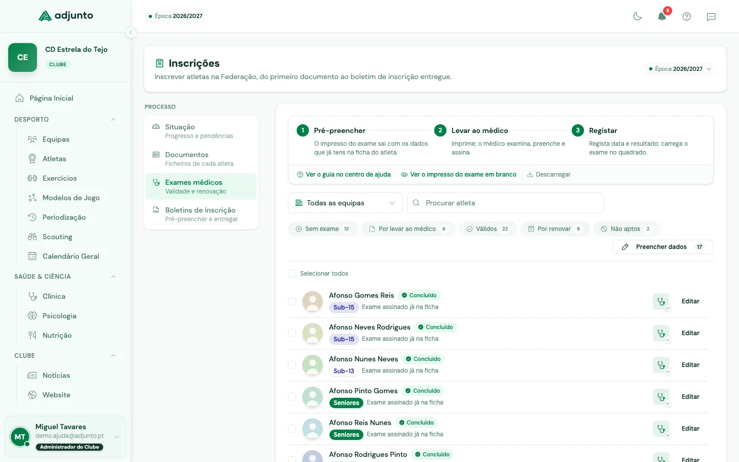 Lista de exames médicos com as pastilhas de estado, os selos de cada atleta e o quadrado do documento