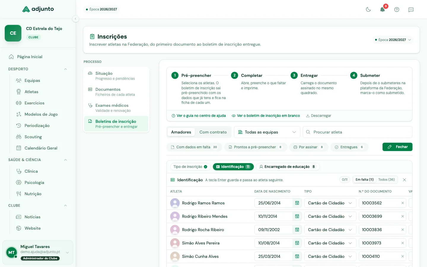 A tabela de resolução aberta na secção dos boletins, a ocupar o lugar da lista de atletas