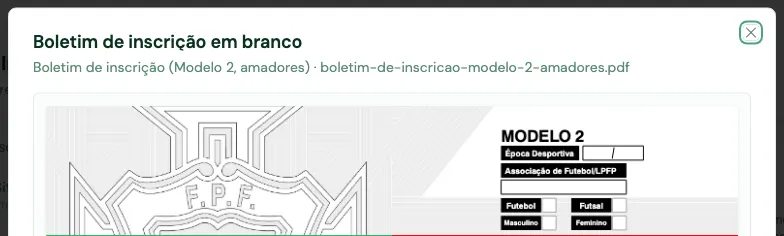 Pré-visualização do impresso em branco, com o nome do documento a indicar Modelo 2 e o impresso da FPF por baixo