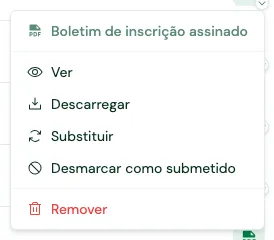 Menu do quadrado do boletim, com as opções Ver, Descarregar, Substituir, Desmarcar como submetido e Remover