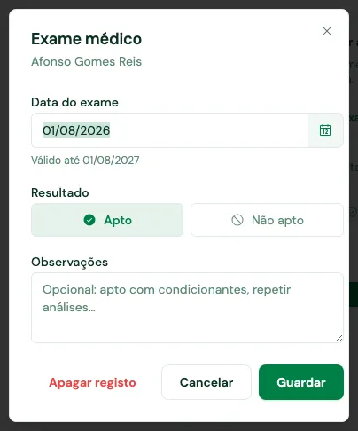Janela de registo do exame, com a data, a validade calculada, o resultado apto ou não apto, as observações e a opção de apagar o registo