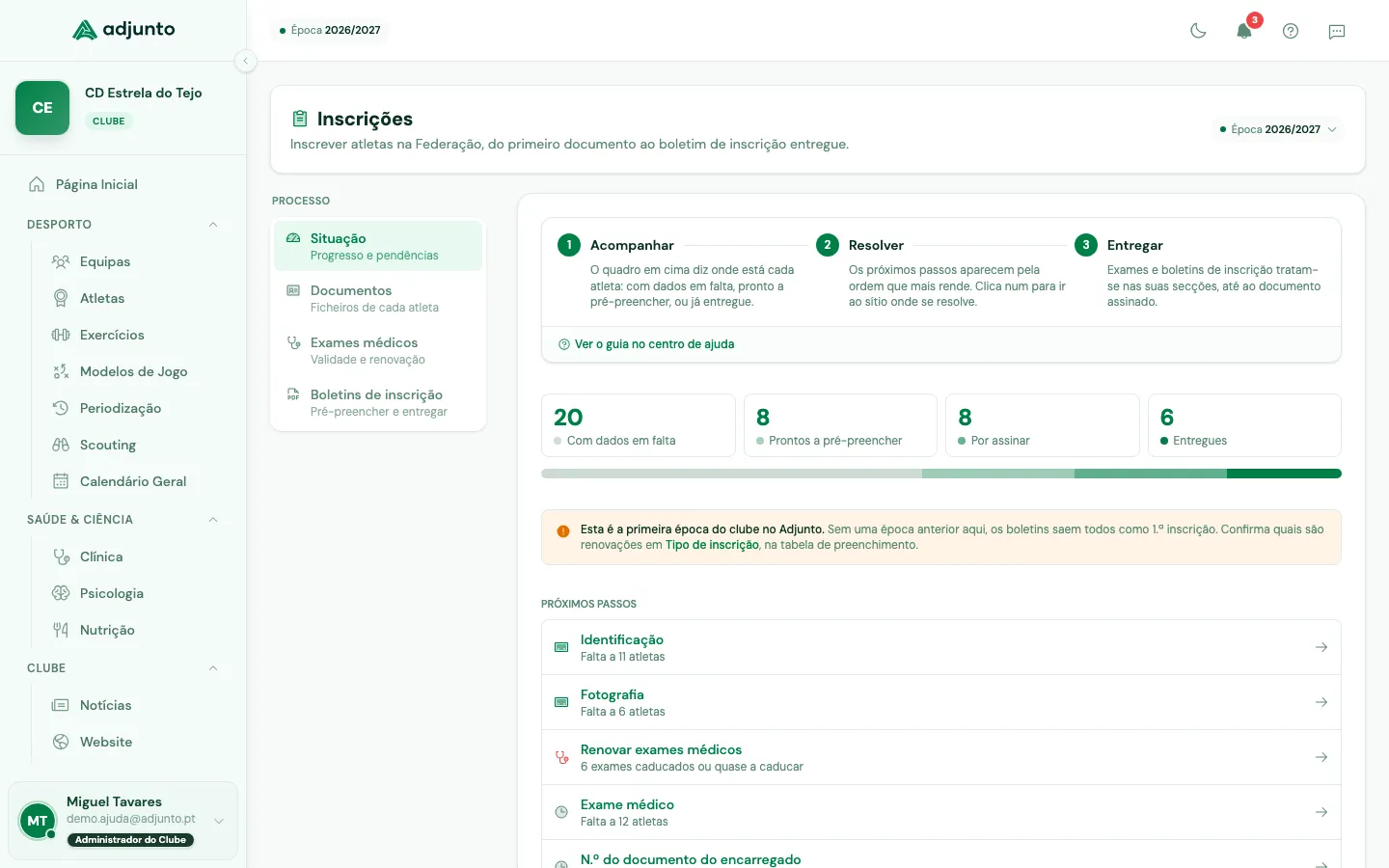 Painel da situação com as quatro fases do plantel e a lista de próximos passos