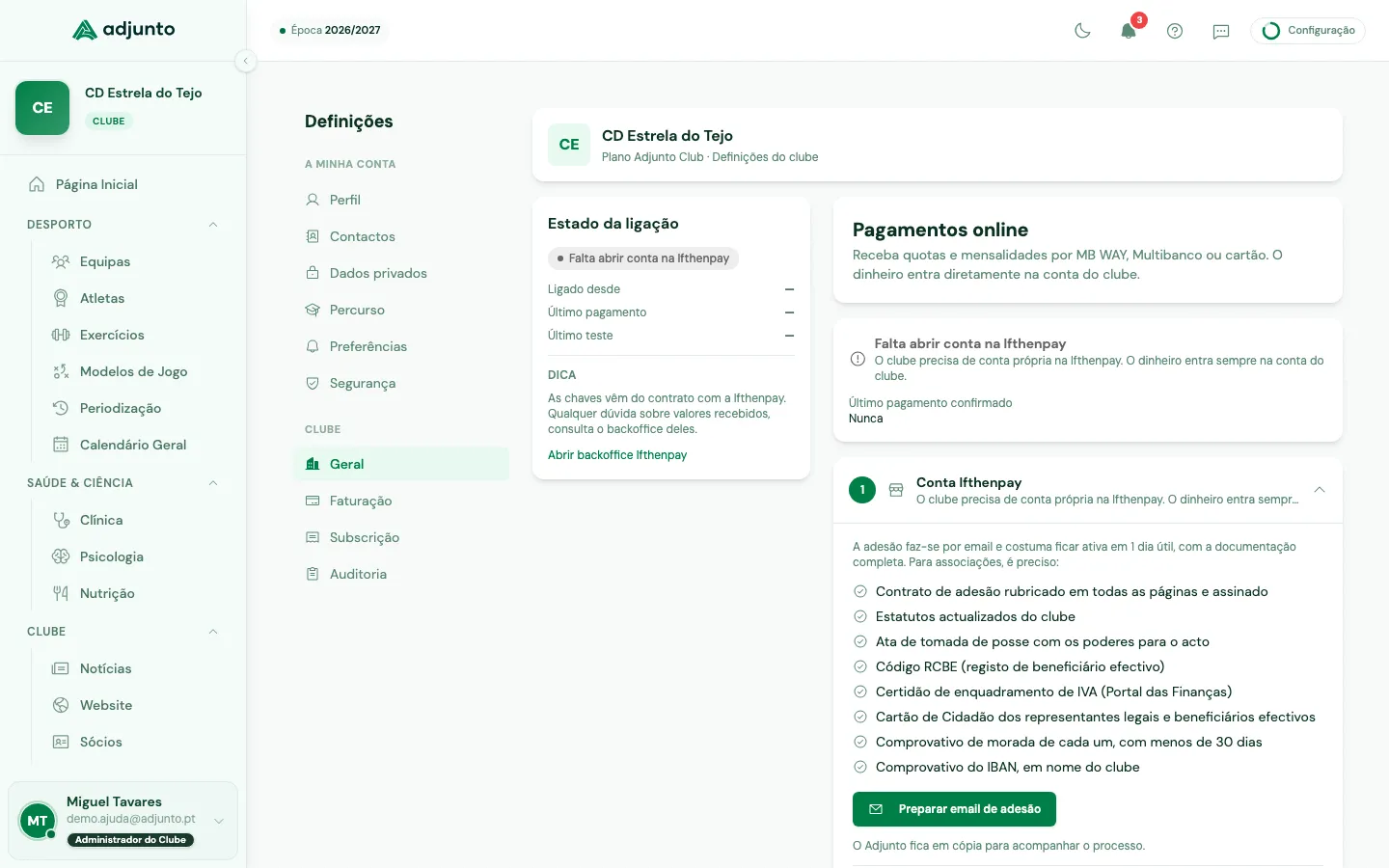 Página de pagamentos online com a checklist de adesão à Ifthenpay