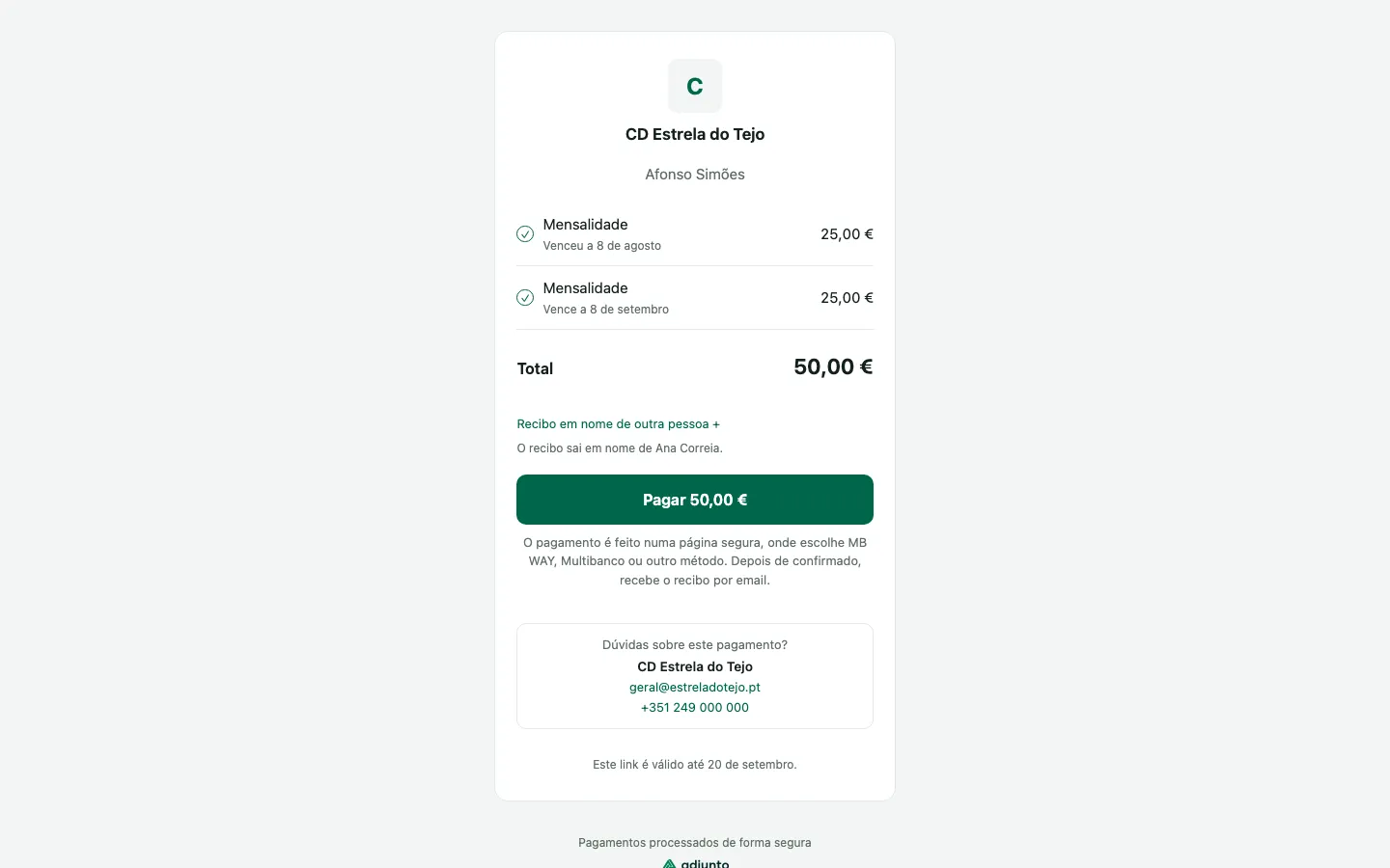 A página de pagamento que a família vê: valores em dívida, total e botão Pagar