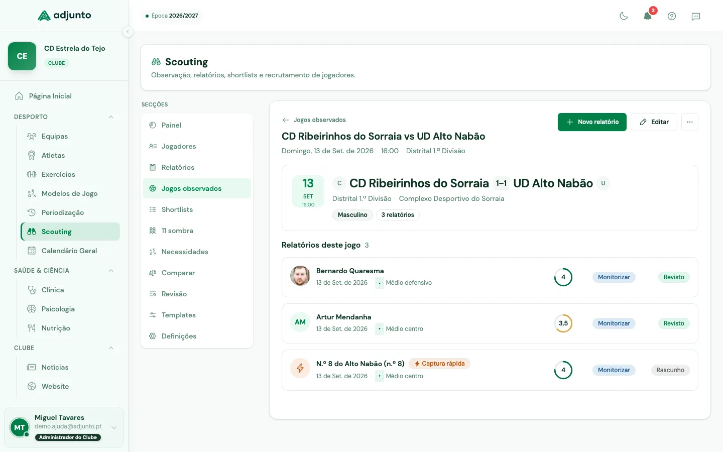Jogo observado com o resultado e os três relatórios feitos nele, um deles uma captura rápida