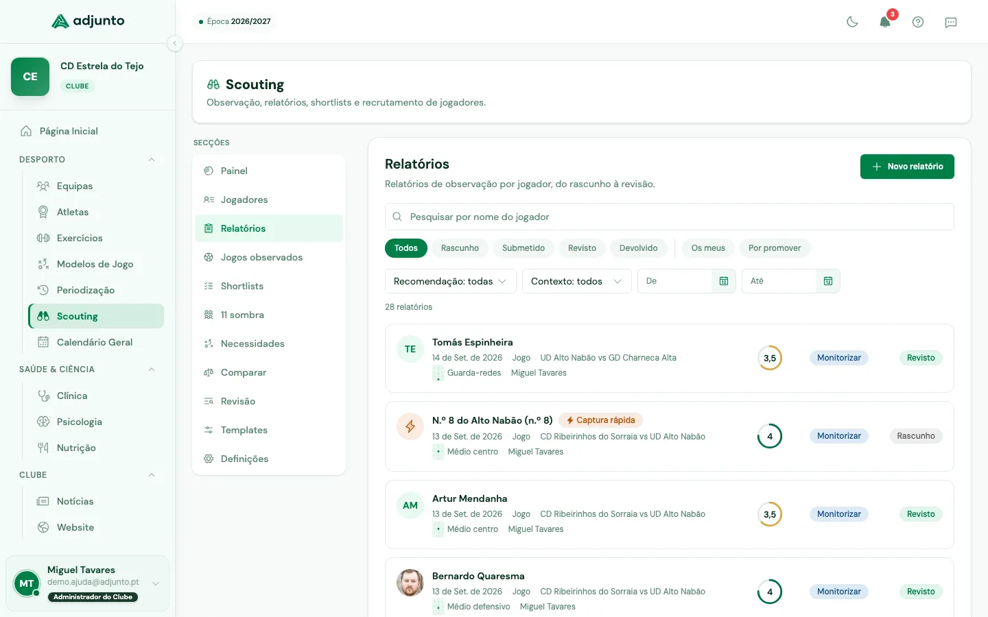 Lista de relatórios com filtros por estado, recomendação, contexto e datas