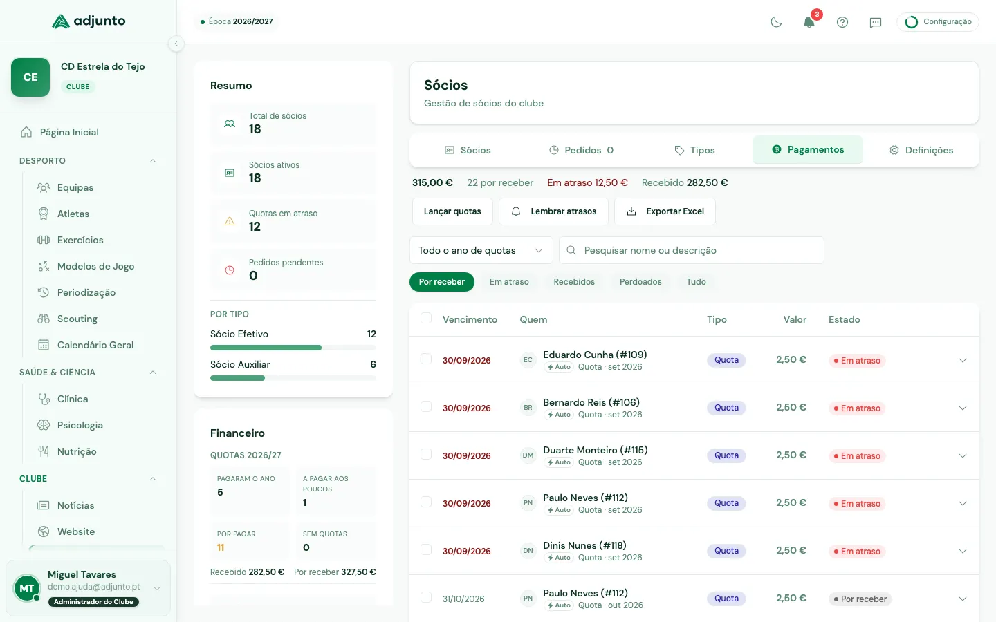 O separador Pagamentos: as quotas de todos os sócios, com Lançar quotas, Lembrar atrasos e Exportar Excel