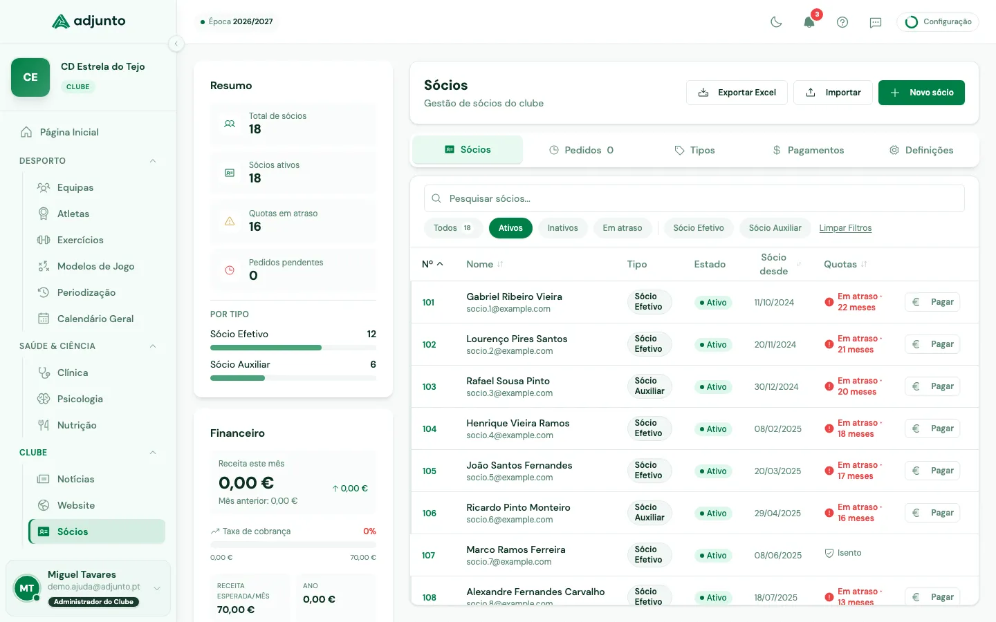 Secção Sócios com a lista de sócios, tipos e pagamentos