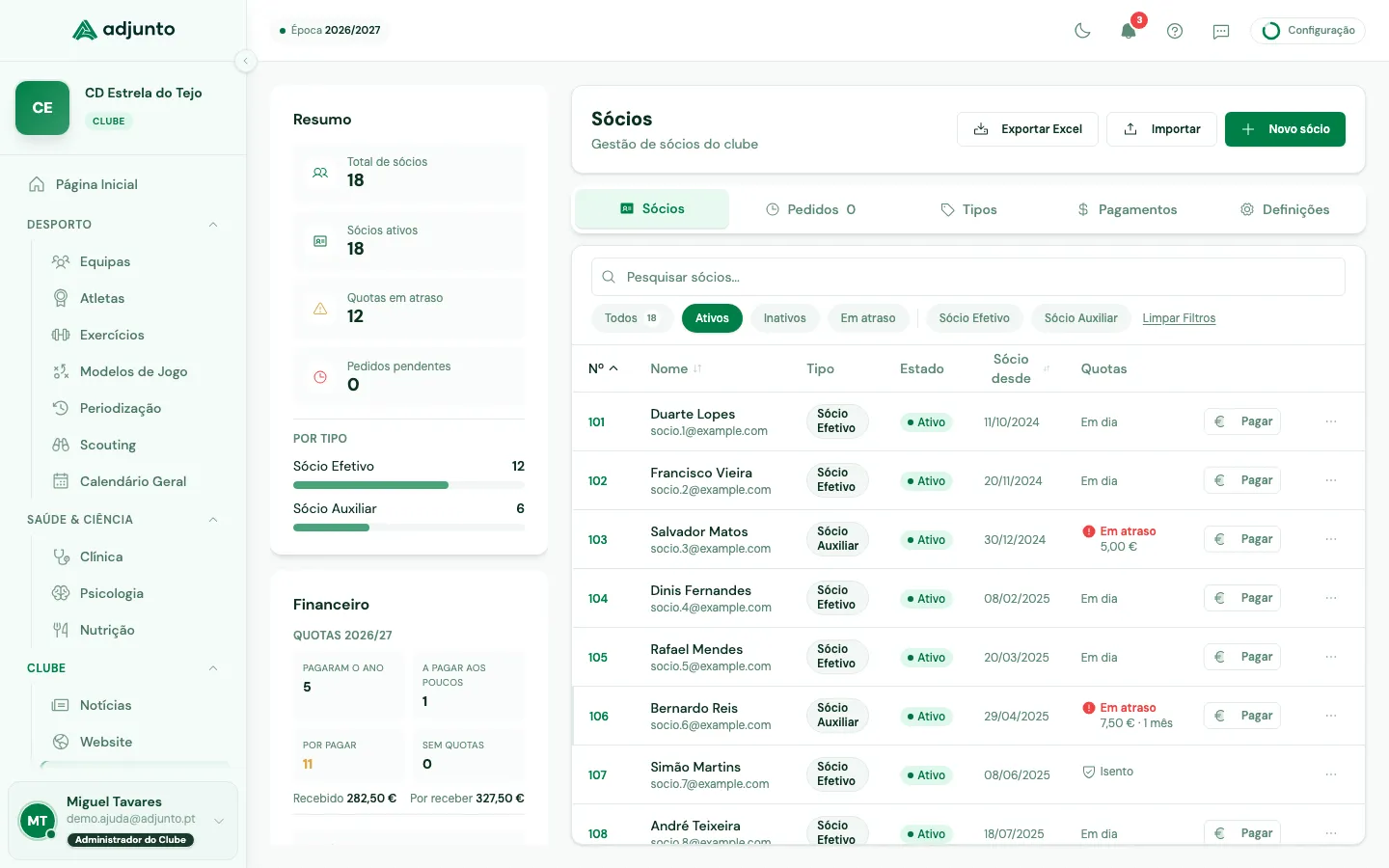 Secção Sócios com a lista de sócios, tipos e pagamentos
