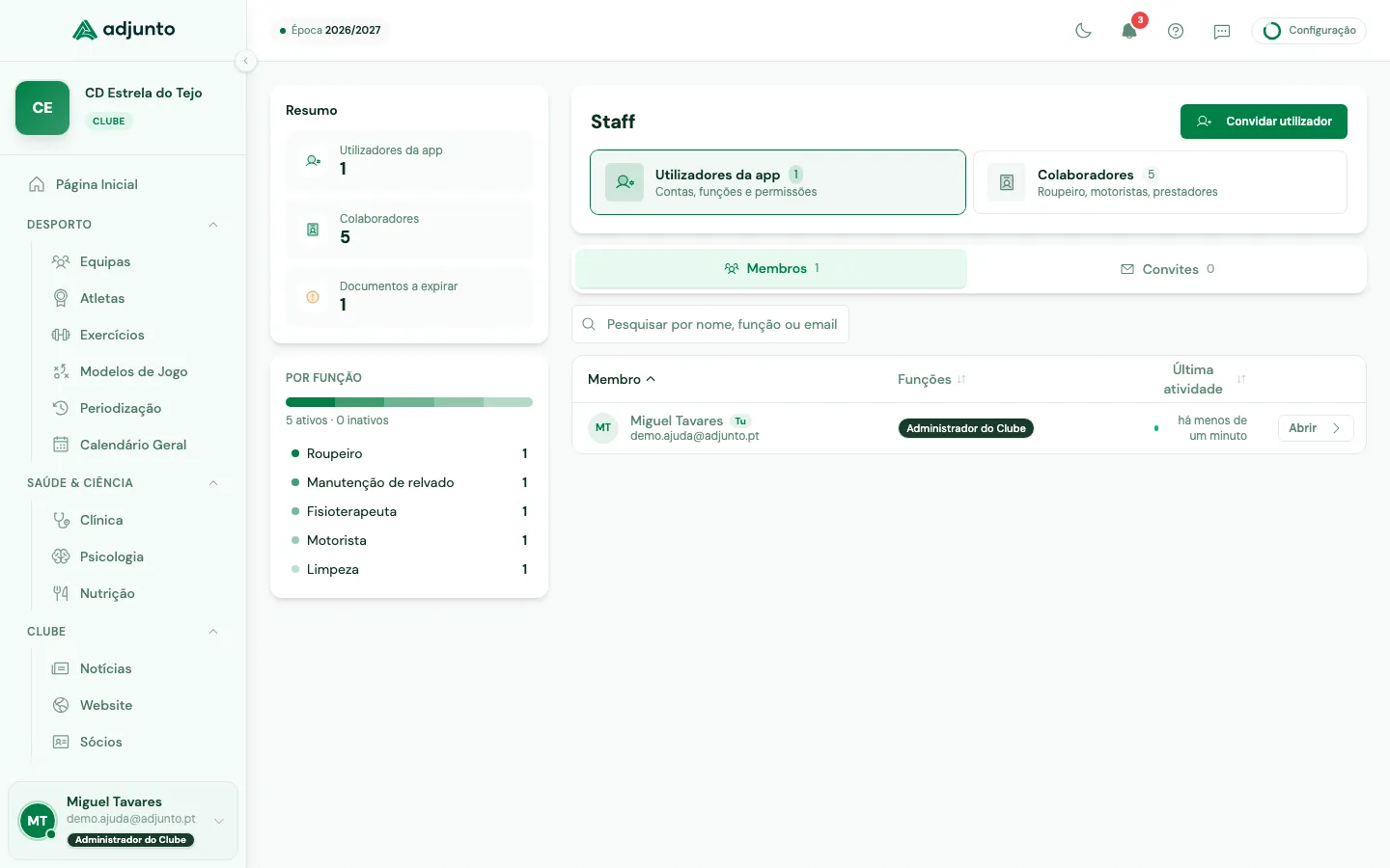 Área Staff no cartão Utilizadores da app