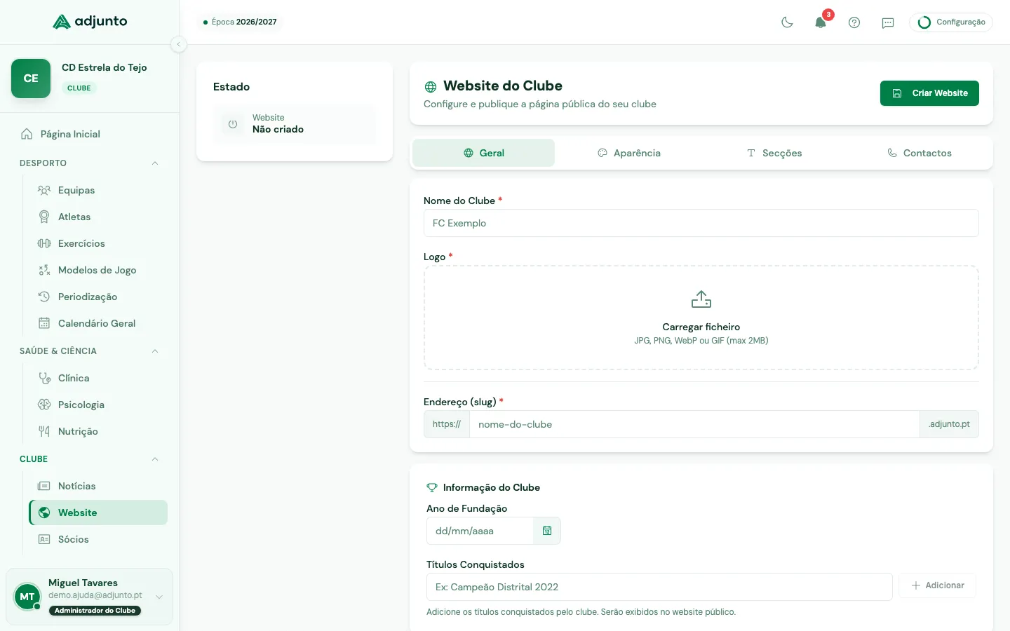 Configuração do website público do clube